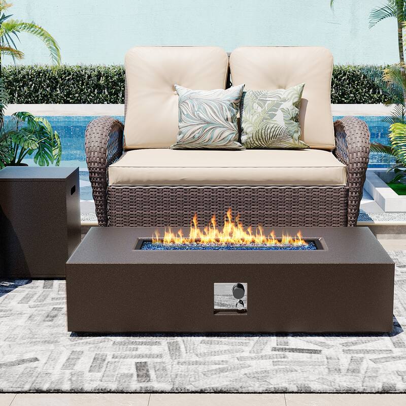 Patio Watcher Outdoor 56in. Rectangular Iron Fire Pit Table with Propane Tank Cover