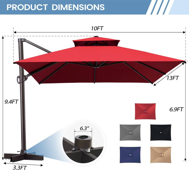 10 x 13 Feet Double Top Rectangular Rotating Patio Offset Cantilever Umbrella with Crank