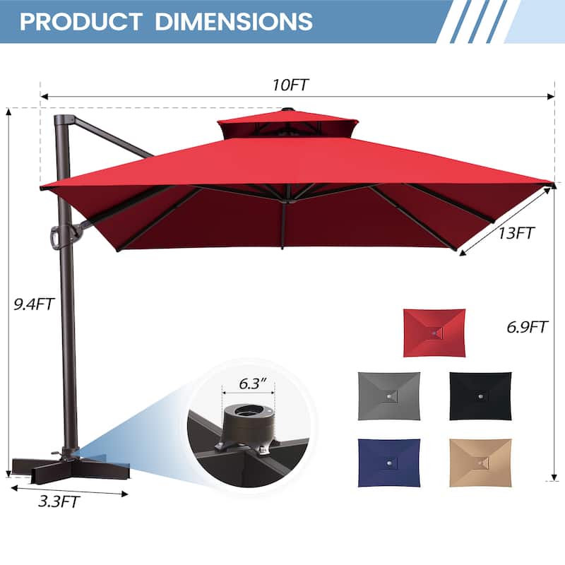 10 x 13 ft Outdoor Aluminum Double Top Patio Offset Cantilever Umbrella with Base