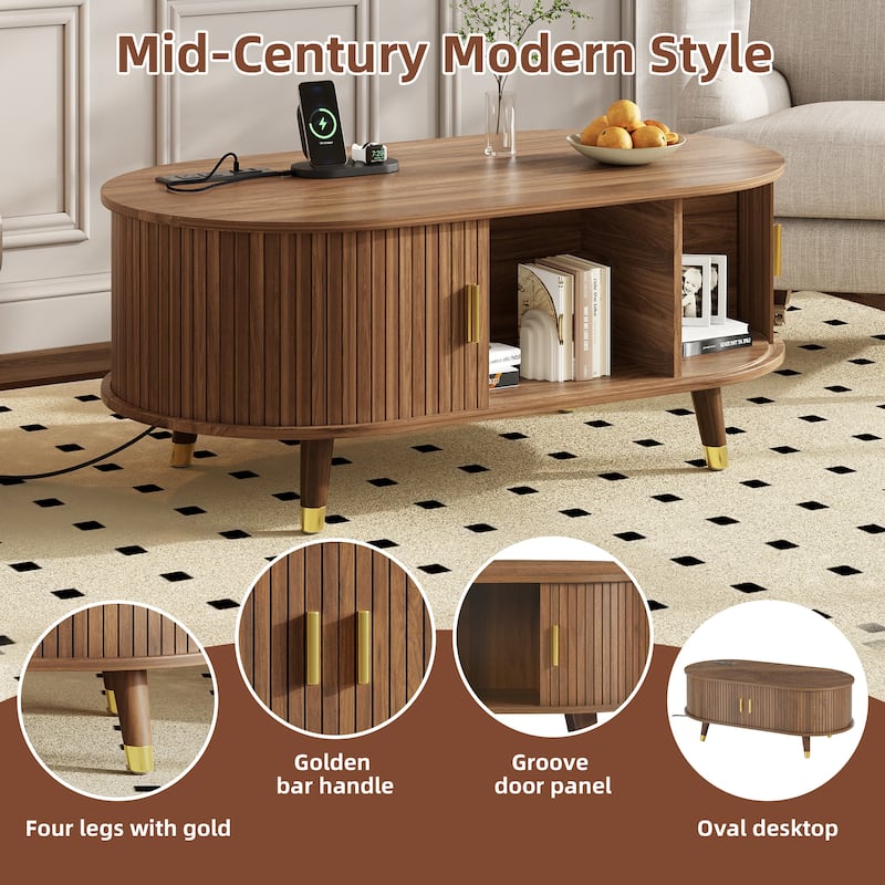 42.5" Mid-Century Oval Coffee Table – Solid Wood Fluted Design with Sliding Tambour Door & Built-In Charging Station.