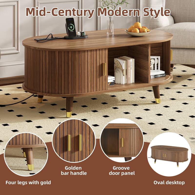 42.5" Wood Oval Coffee Table with Charging Station, Mid-Century Center Table with Sliding Tambour Door, Farmhouse Cocktail Table