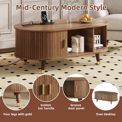 Wooden Tv Stand & Coffee Table Set With Charging Station,Sliding Doors For Tvs Up To 80",Table With Solid Wood Legs