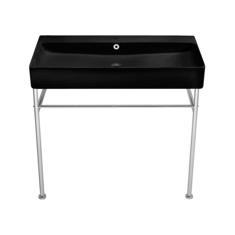 Charme 36 Ceramic Console Sink Matte Black Basin Chrome Legs - 35.45" x 16.35" 35.45"