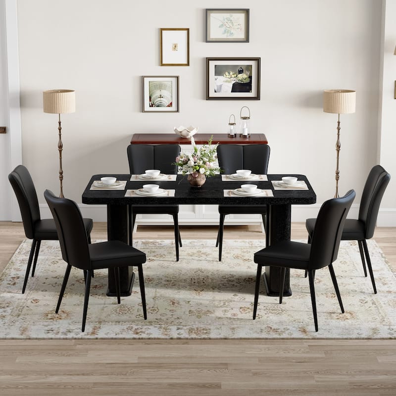 Dining Table Set for 6, Rectangular Dining Room Table Set for 6, Kitchen Table and 6 PU Chairs, 64" Wood Table Set with Textured