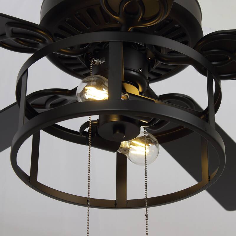 52" Industrial Black 5 Blades Caged Ceiling Fan with Light and Pull Chain
