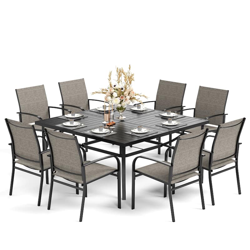 MAISON ARTS 9-Piece Patio Dining Set, 60 Inch Square Metal Table and 8 Textilene Dining Chairs