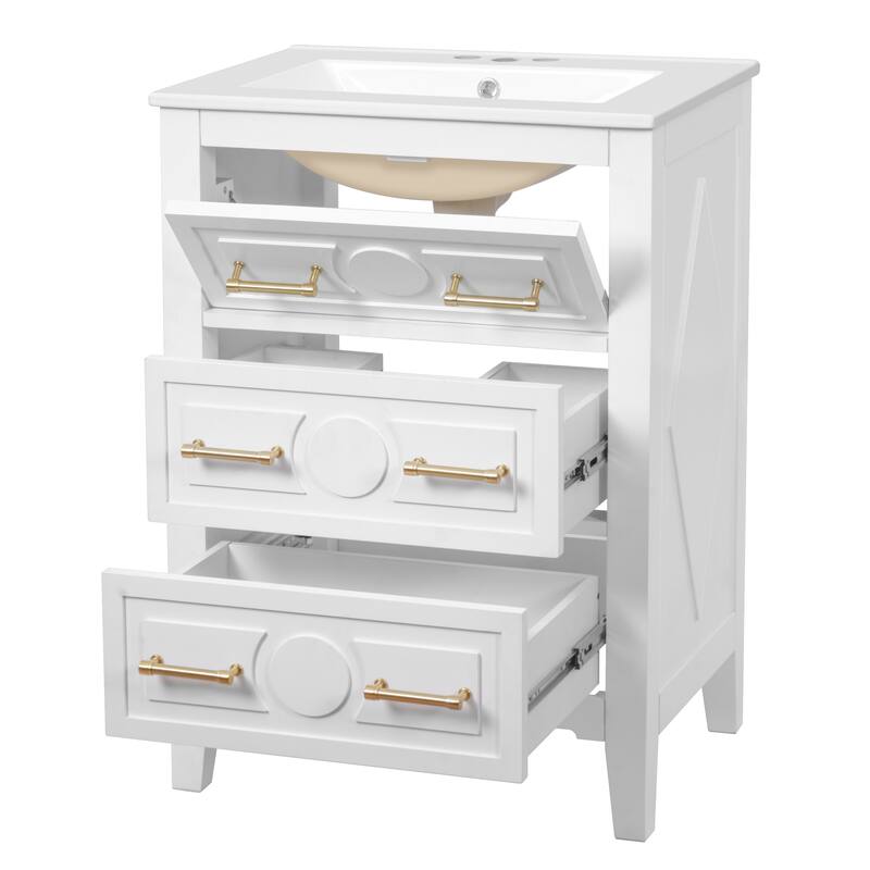 Roomfitters 24 Inch Bathroom Vanity with Ceramic Sink Combo, Free Standing Solid Wood Frame Cabinet with 3 Sliding Tiers