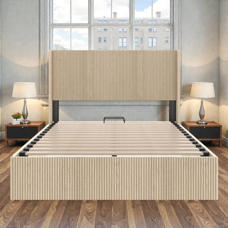 Wood Lift Storage Platform Bed with Raised Headboard, Gas Lift Design, No Box Spring Needed, Queen King