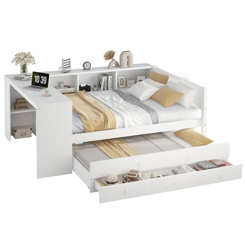 Full Size Daybed with Trundle, Wood Day Bed Frame with Storage Drawers and Side Shelves, Daybed with Desk, No Spring Box Needed