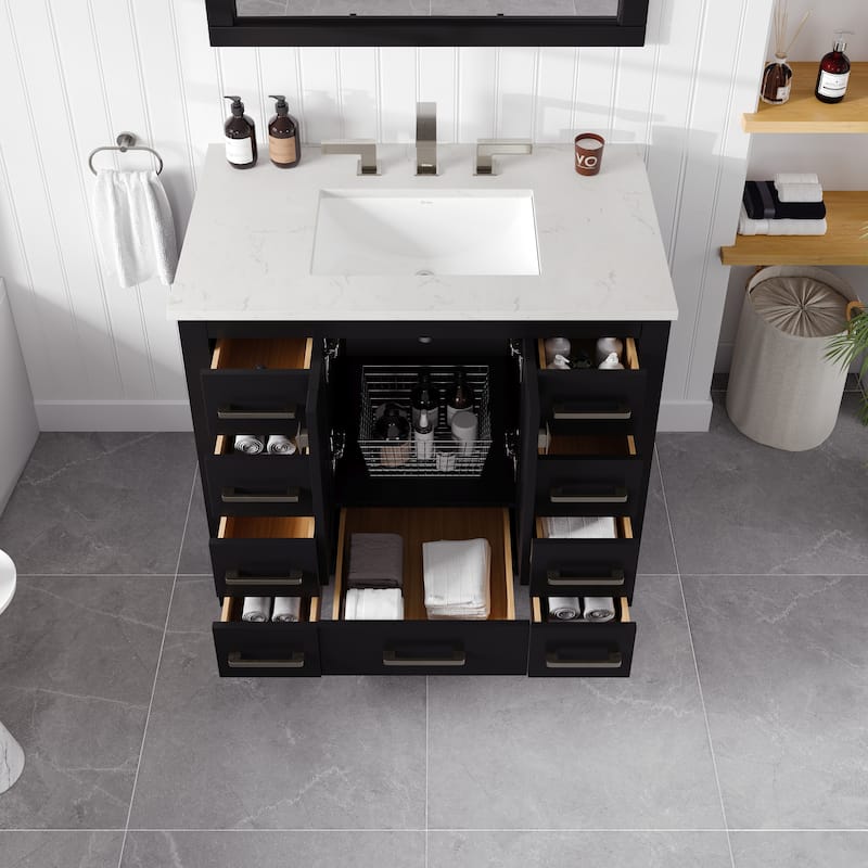 Eviva Hampton 36"W x 22"D Bath Vanity with White Carrara Quartz Top