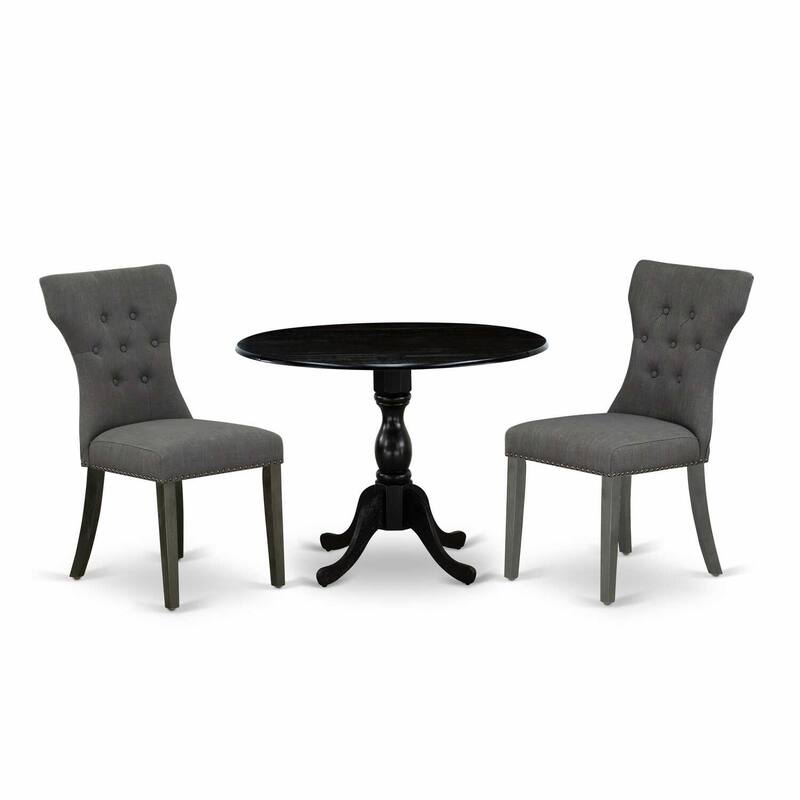 3-Piece Wire Brushed Black Solid Wood Top - Button Tufted Dining Room Set - Seats 4