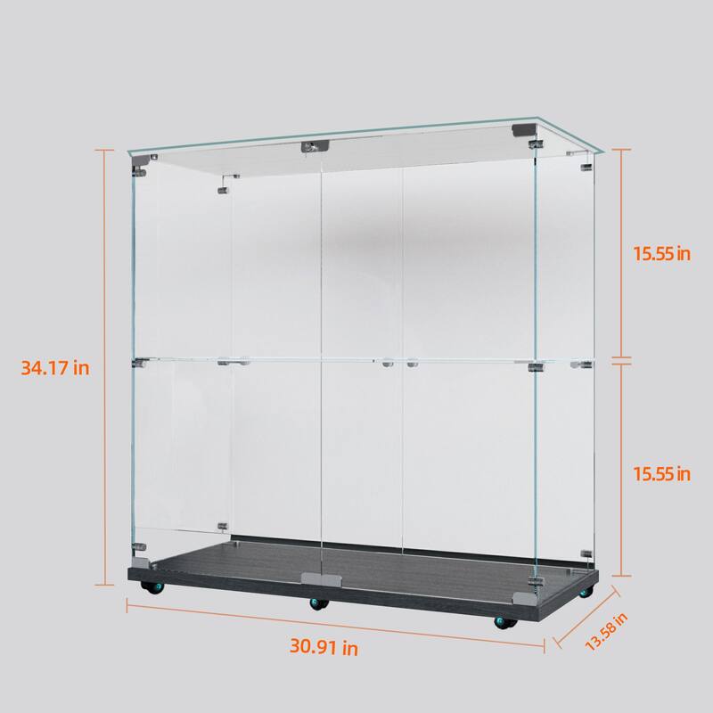 34" Tempered Glass Display Cabinet with Bluetooth LED Lights, Lockable Casters, 3-4 Shelf Storage Showcase