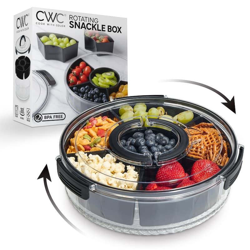 COOK WITH COLOR Round Snackle Box – 6-Compartment Serving Tray with Lid and Handle,Kids Lunch Box & Meal Prep Snack Container - Black