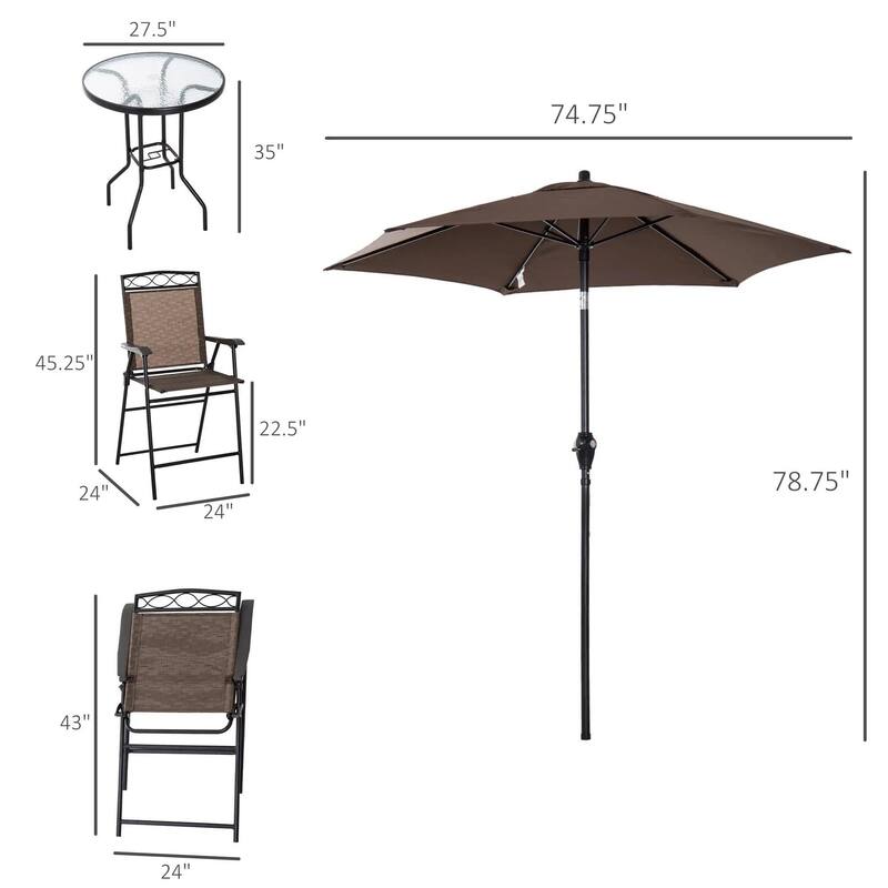 4PCS Patio Dining Set, Folding Chairs, Umbrella, Glass Table Outdoor