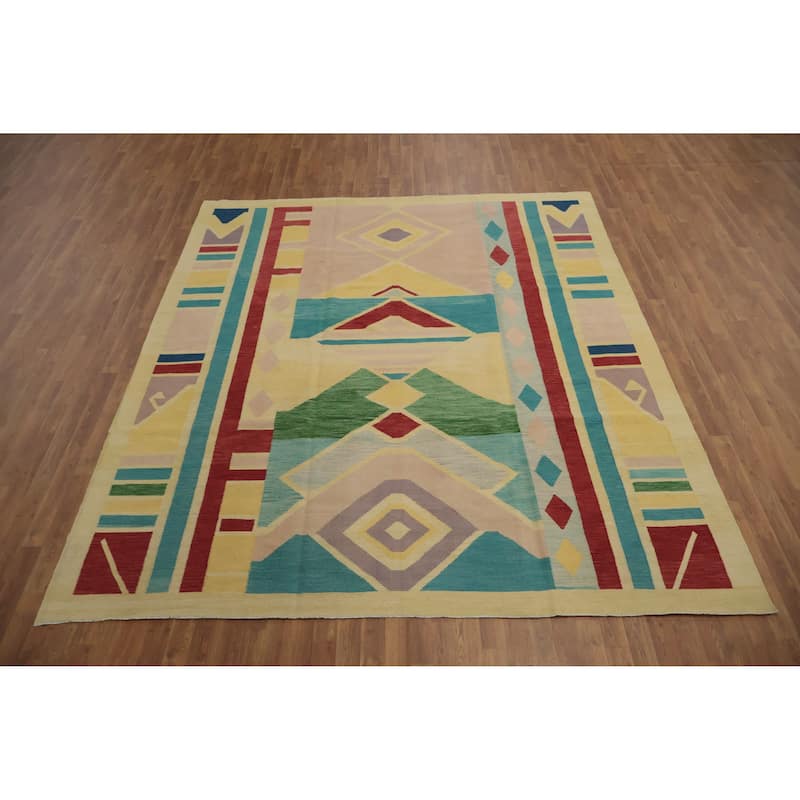 Hand Woven Oriental 100% Wool Carpet Southwestern Modern Multi-Colored Kilim Area Rug - 9' 11'' X 8' 8''