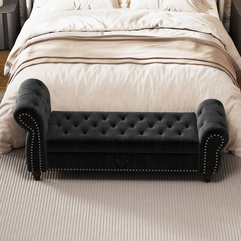 64.5" Storage Bench for Bedroom, Large Capacity Upholstered Ottoman, End of Bed Tufted Chaise Lounge with Rolled Arm