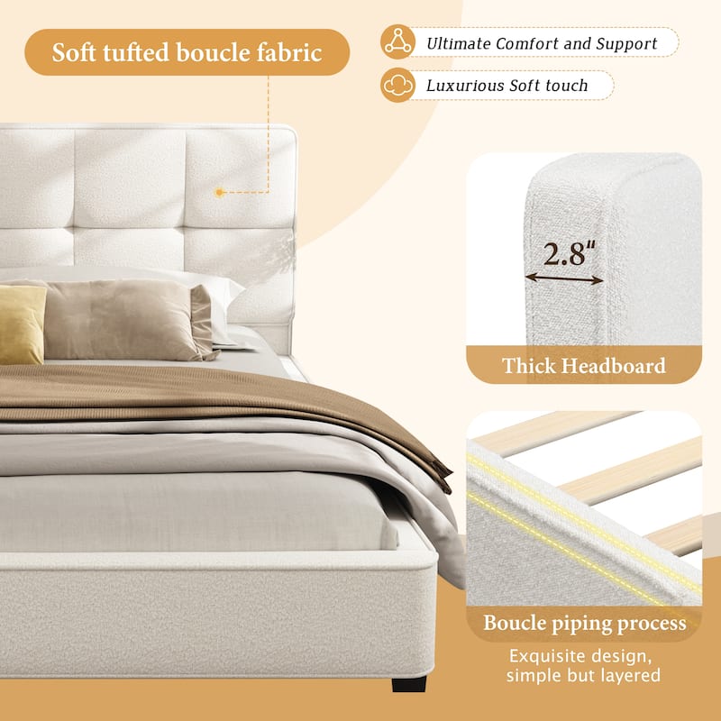 King Size Platform Bed Frames Soft Square Corners Wingback Bed with Tufted Headboard, Low Profile Bed Upholstered Grounded Bed