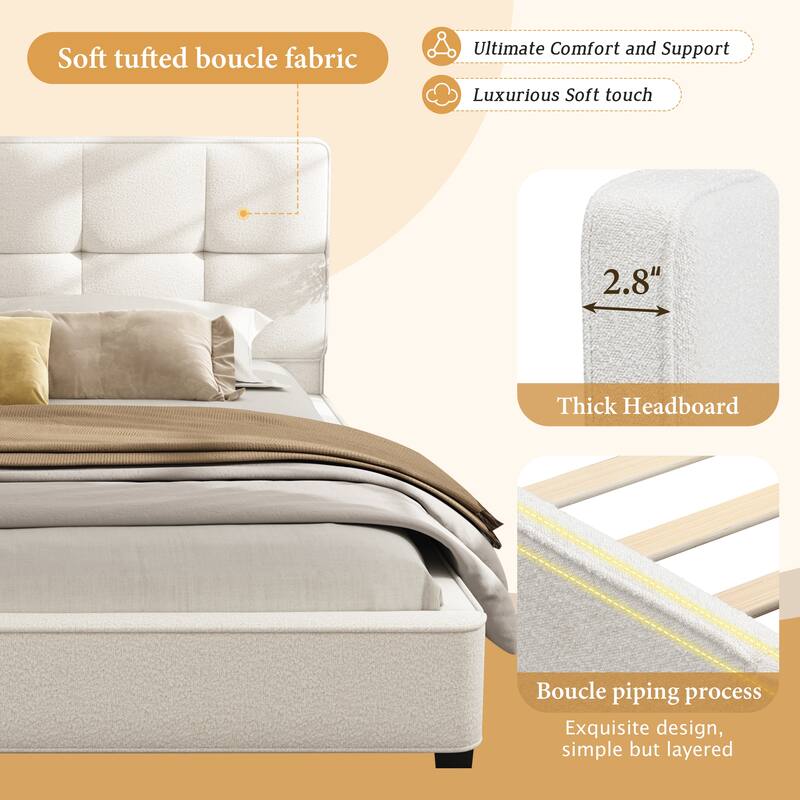 Roomfitters King Size Boucle Upholstered Platform Bed with Curved Tufted Headboard and Soft Corners, Beige