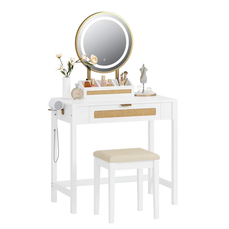 COSTARS Rattan Makeup Vanity Desk with Mirror and Lights, White Vanity Table with Drawers,Dressing Table with 3 Lighting Modes - White
