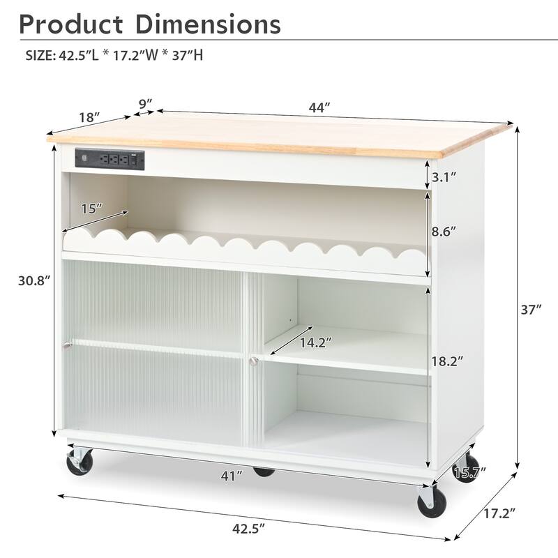 44 in. W Kitchen Island Rubberwood Drop-Leaf Countertop on 5 Wheels with Open Shelf and Wine Rack - 44''