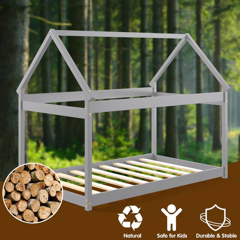 Costway Twin House Bed Wood Frame w/ Roof for Kids Toddler No Box