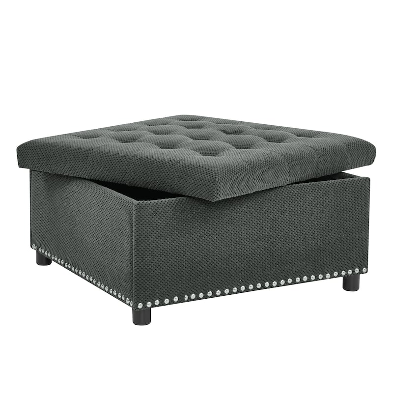 Square Tufted Upholstered Storage Ottoman with Nailhead Trim