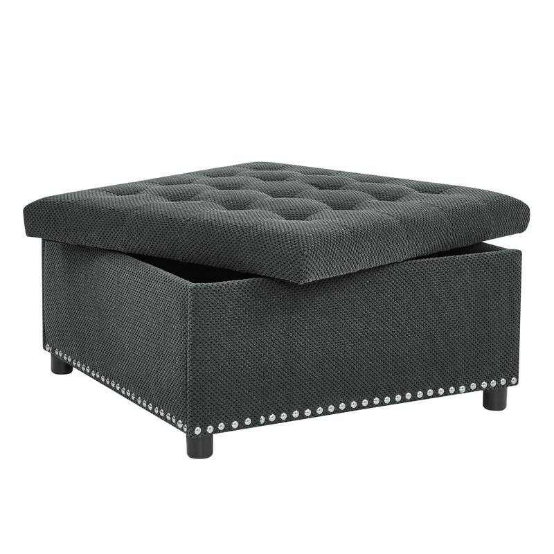 Storage Ottoman,Tufted Footstool, Nailhead Trim Ottoman, Square Storage Ottoman, Upholstered Coffee Table, Bedroom Storage