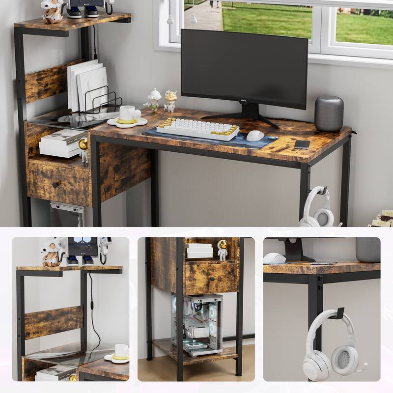 Computer Desk with Power Outlet & Storage Shelves, Study Writing Table with USB Ports Charging Station