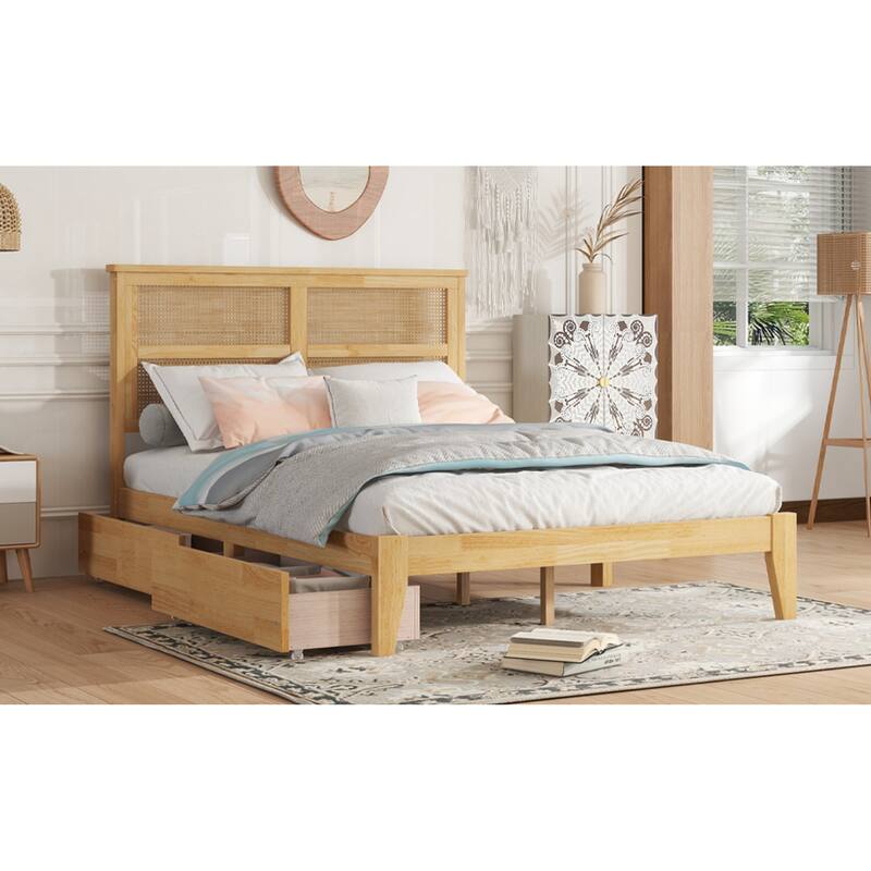 Roomfitters Full Rubber Wood Bed with Rattan Headboard, Underbed Storage Design, Reinforced Slats and Support Feet