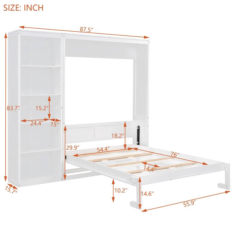 Full/Queen Size Murphy Wall Bed with Shelves, Foldable Cabinet Bed with Storage, Plywood MDF Frame