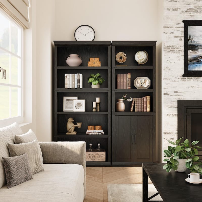 Book Shelf with Door, 5 Tier Wooden Book Case with Storage, 68.7"
