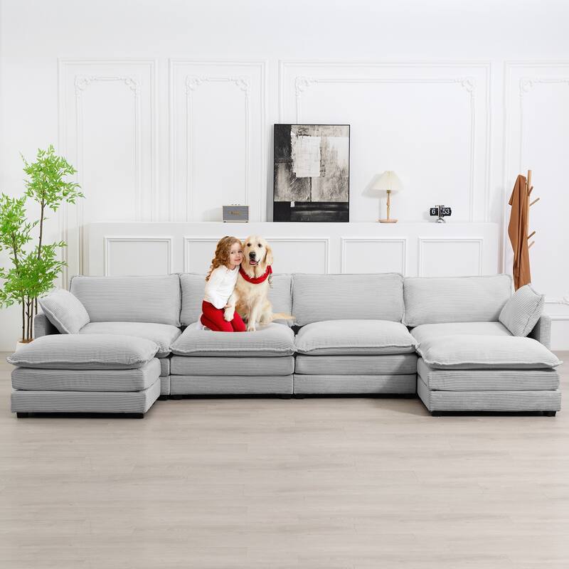 4-Seat Corduroy Modular Sofa with 2 Removable Ottomans for Home & Business