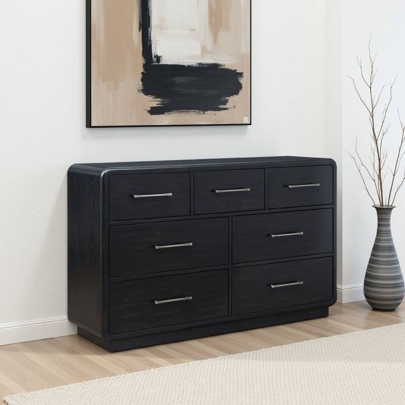 Robeck Wide Dresser, 7 Drawer, Black 64 Inch, Silver Metal Handles