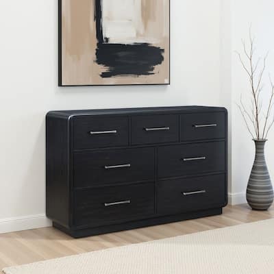 Robeck Wide Dresser, 7 Drawer, Black 64 Inch, Silver Metal Handles