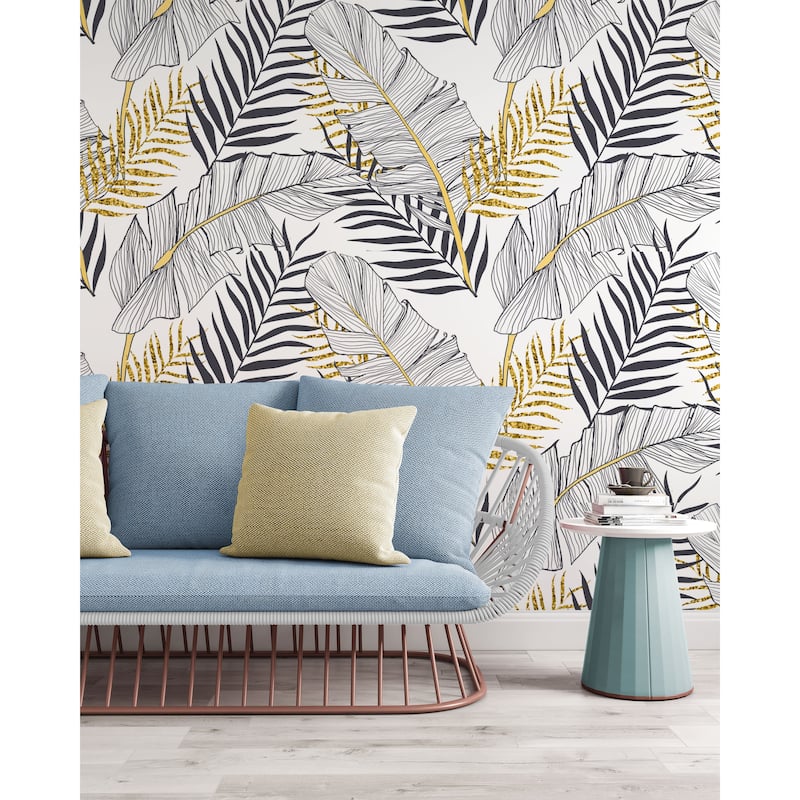 GK Wall Design Black White Gold Exotic Tropical Leaves Removable Wallpaper