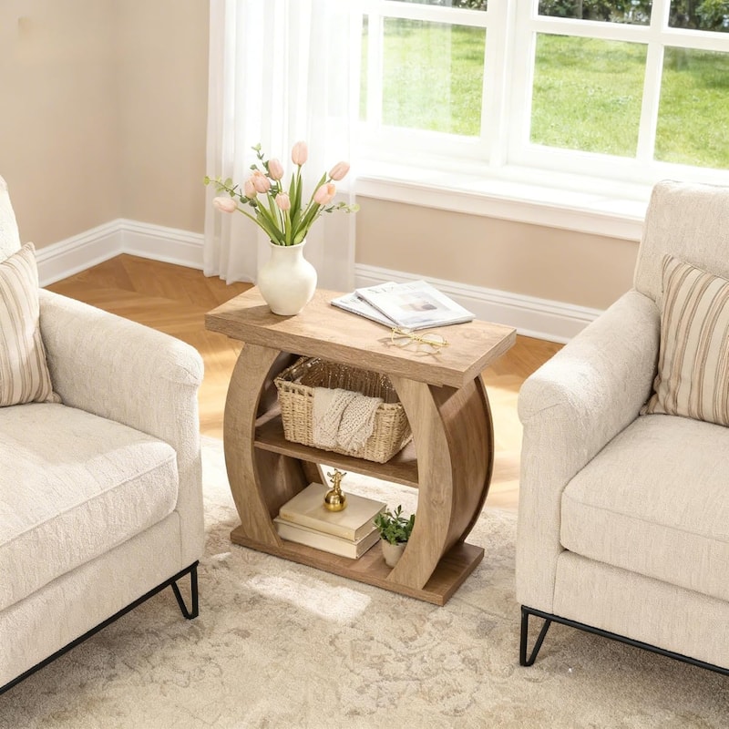 3-Tier Wooden End Table with Curved Frame, Farmhouse Narrow Bedside Table Side Table