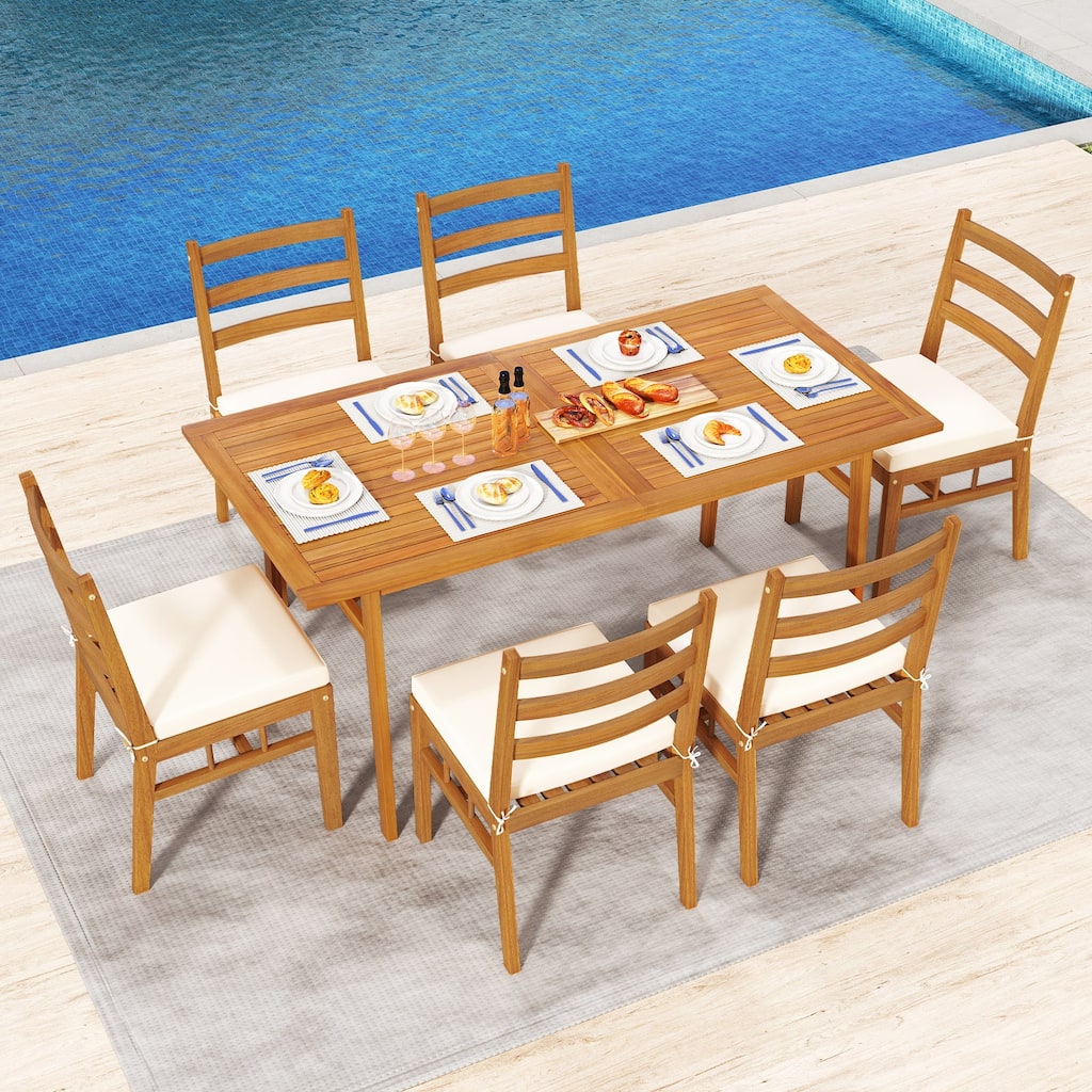 Gymax 7PCS Patio Acacia Wood Dining Set w/ 1.97'' Umbrella Hole &