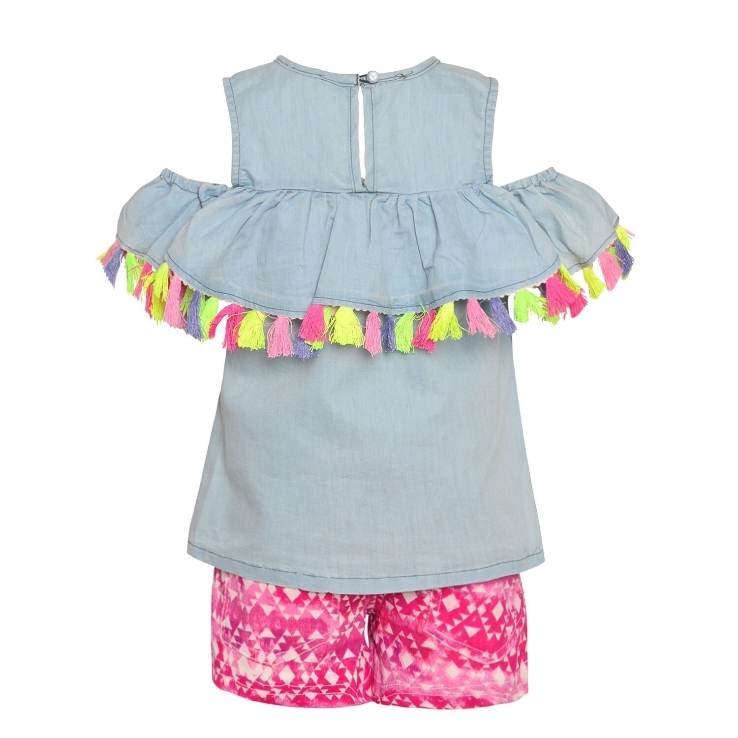 Shop Girls Blue Pink Cold Shoulder Tassel Top Motif 2 Pc Shorts