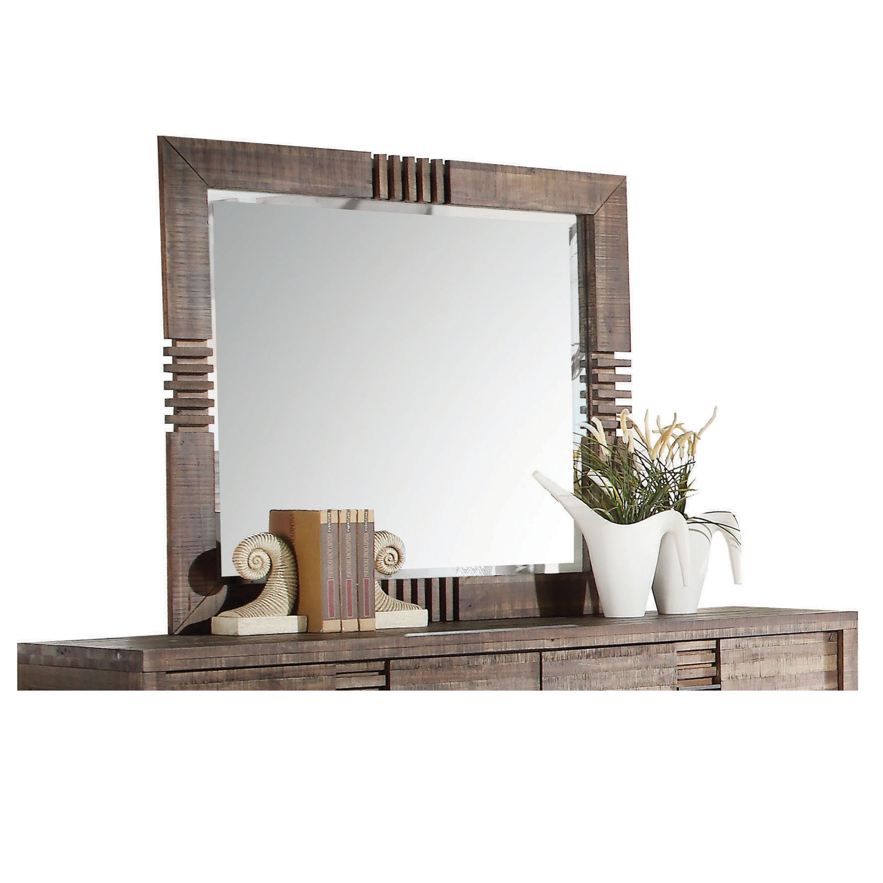 44x39 Inch Rustic Reclaimed Oak Mirror with Metal Legs and Beveled Edge, Distressed Frame