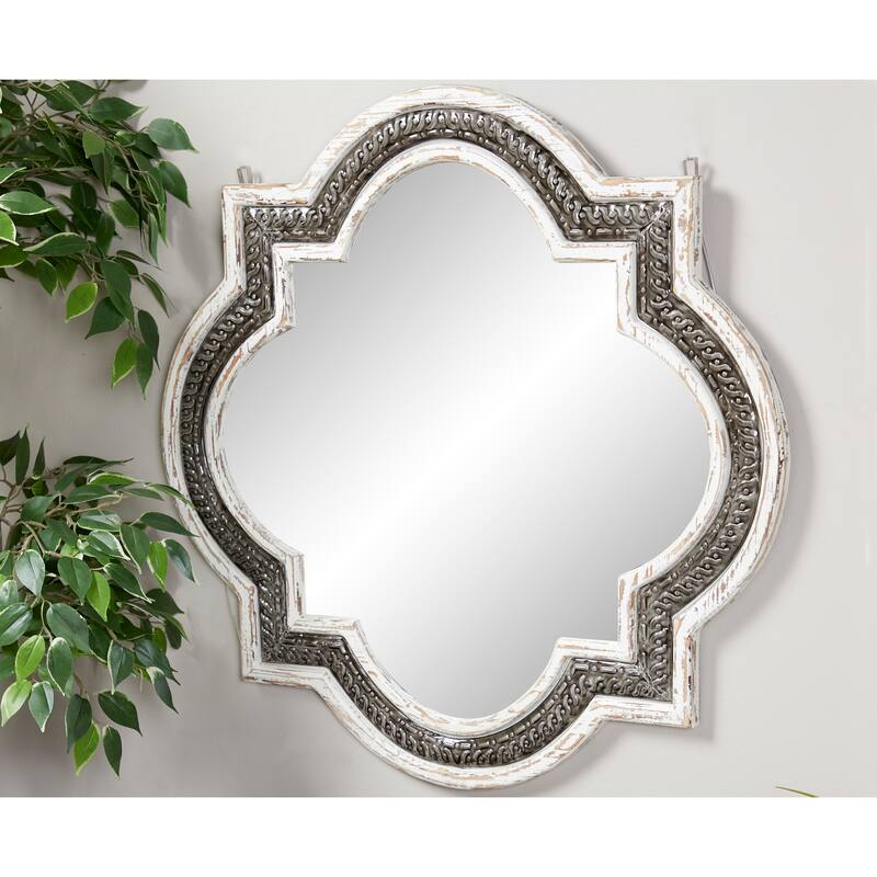 Wood Quatrefoil Wall Mirror - White - Roche River Decor - 1"W x 30"L x 30"H