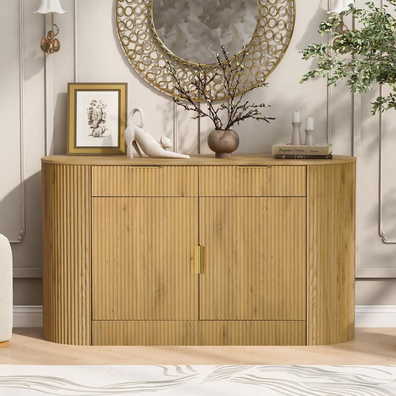 Modern 55.1" Sideboard Buffet Cabinet with 2 Curved Side Door and 2 Drawers for Living Room and Dining Area - Natural