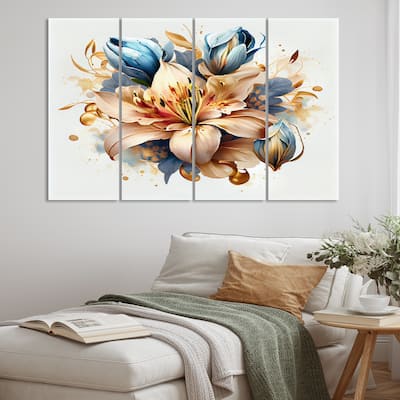 Designart "Gold And Blue Lily Bouquet II" Floral Lily Multipanel Wall Art Prints
