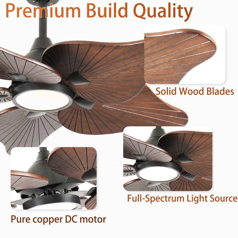 44-Inch Ceiling Fan with Light, 5 Solid Wood Blades, DC Motor, APP & Remote Control, Dimmable Full-Spectrum LED - Acacia Wood