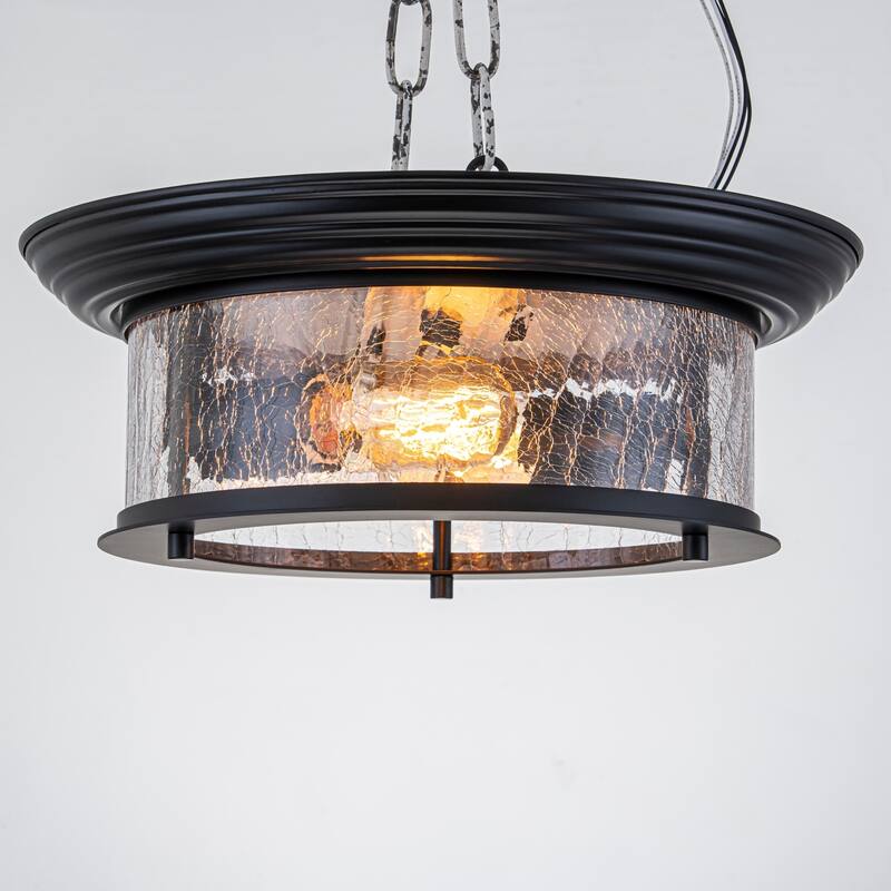 2-Light Matte Black Crackle Glass Semi-Flush Mount for Living Room & Bedroom - 2 Light