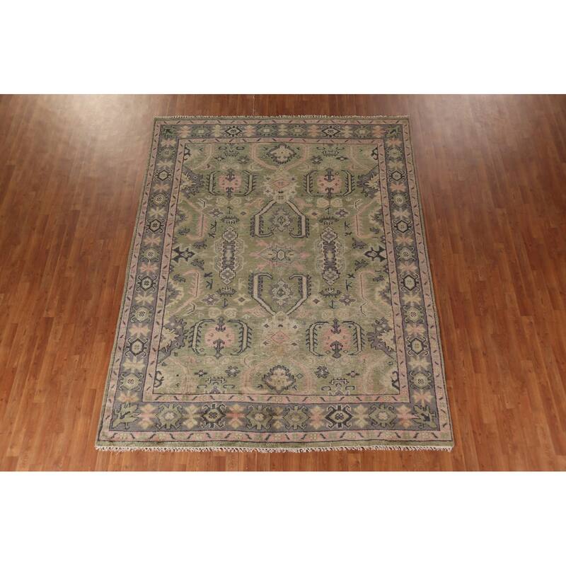 Green Geometric Heriz Serapi Indian Area Rug Handmade Wool Carpet - 7'10"x 9'11"