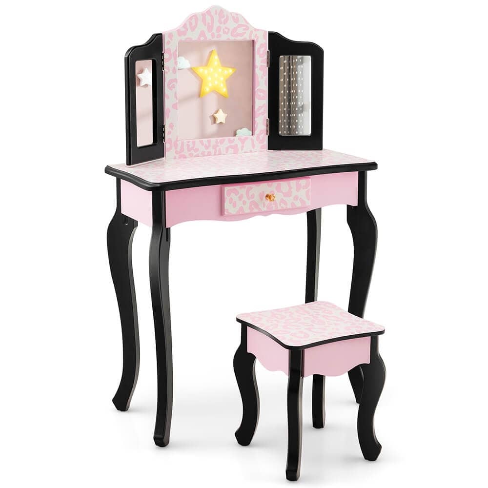 Pink MDF Vanity Set with Removable Tri-Folding Mirror and Leopard Print Perfect Gift for Kids - 24" x 11" x 38.5" (L × W × H)