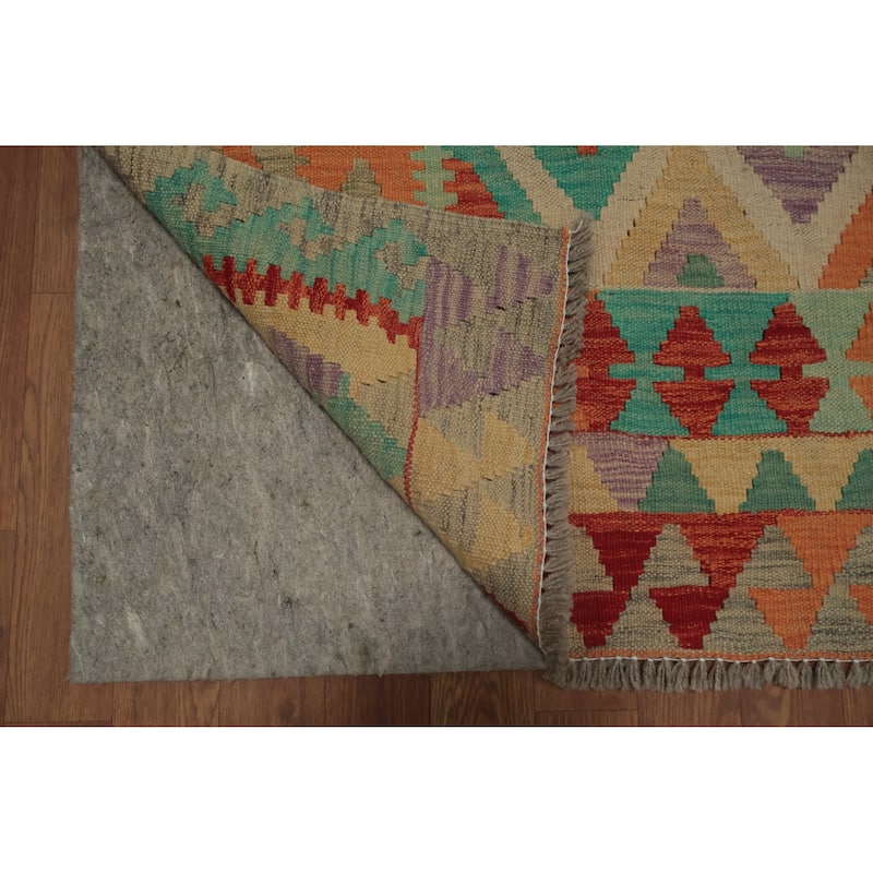 Hand Woven Oriental 100% Wool Carpet Southwestern Tribal Beige & Ivories Kilim Area Rug - 9' 7'' X 6' 9''