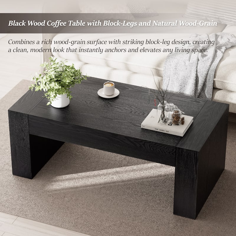 COZAYH Rustic Wood Coffee Table with Chunky Block-Legs, Farmhouse Style Center Table, Lounge, Rectangular