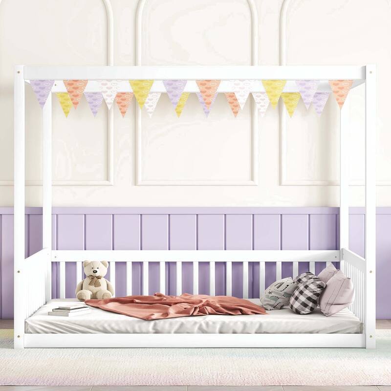 Full Size Canopy Frame Floor Bed with Fence - White