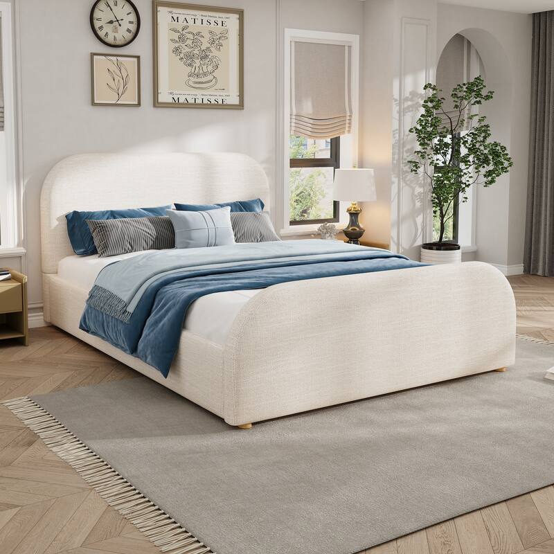 Beige Linen Upholstered Bed Curved Headboard Wingback Frame Low Profile Platform Bed - Beige - Queen